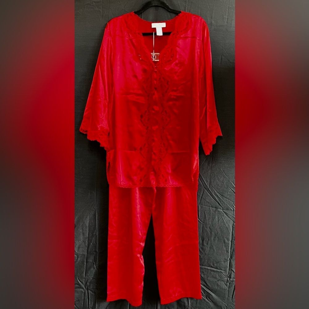 Val Mode Vintage Red Satin and Lace Pajama Lingerie Set | Size Medium